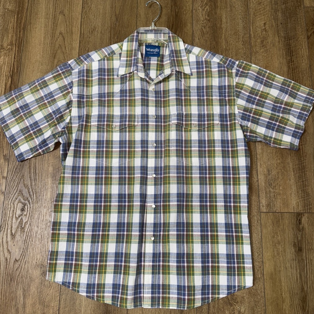 wrangler western shirt mens large Blue Plaid Pearl Snap Buttons XL